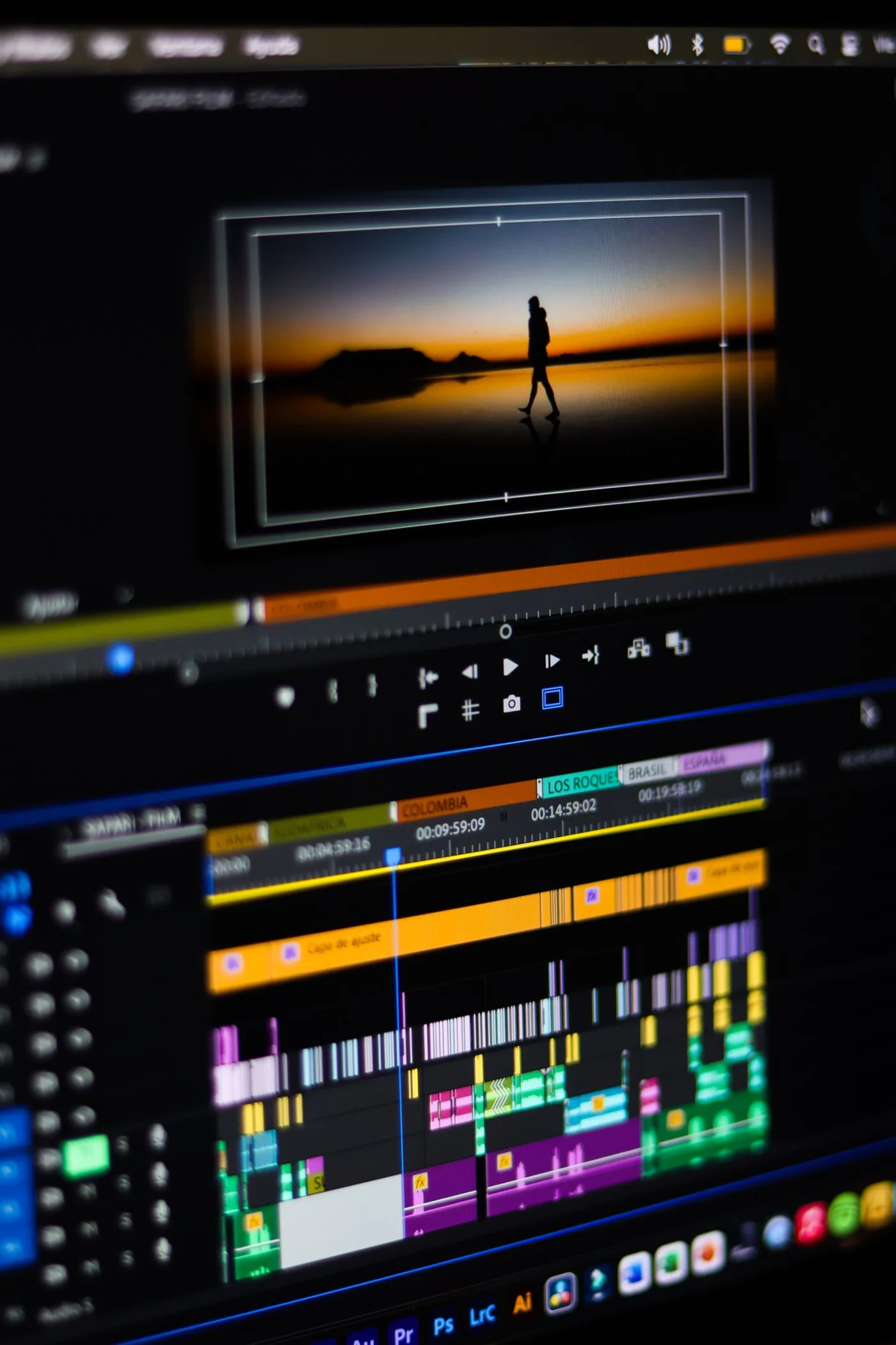 A video editing timeline on a monitor