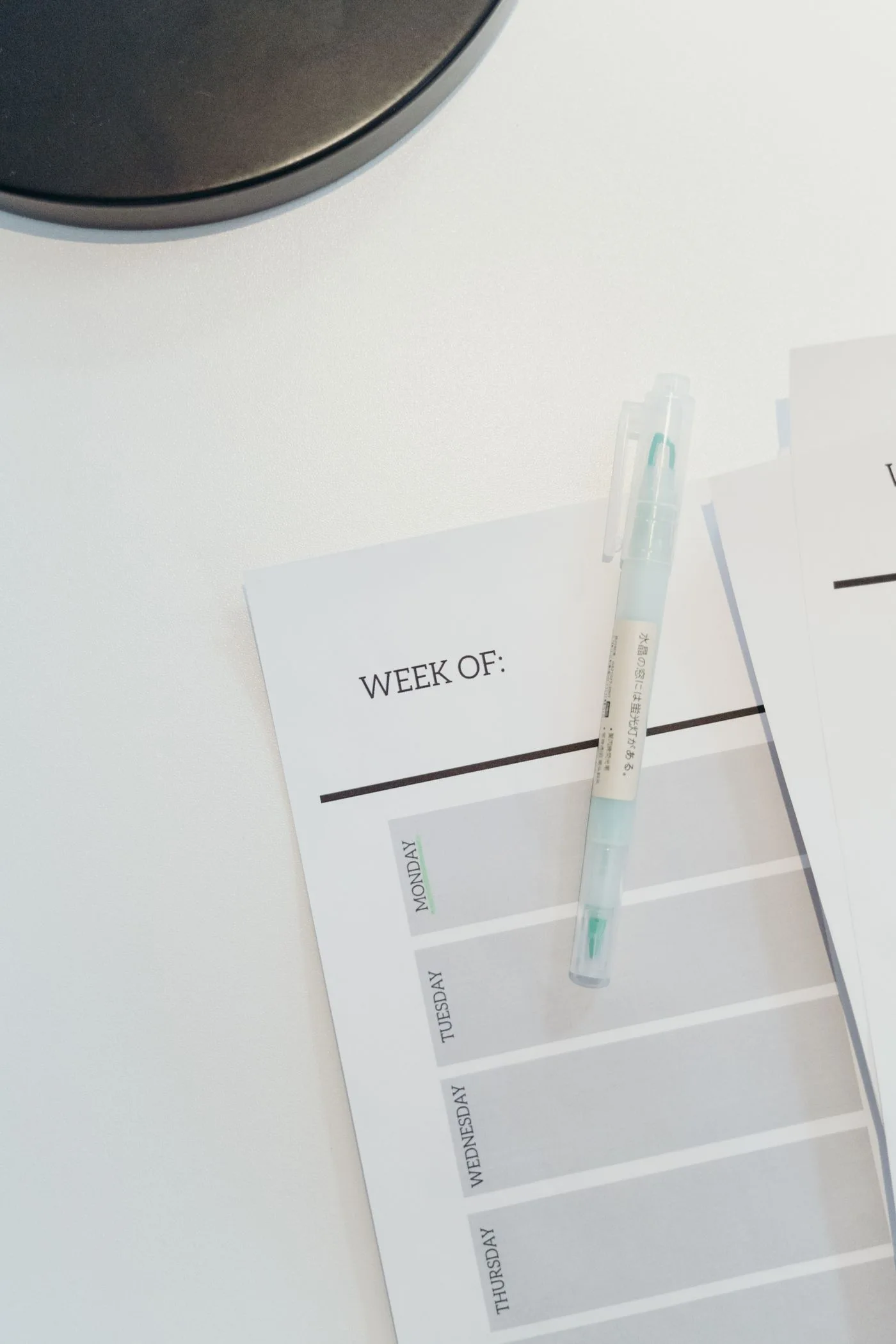 A weekly appointment planner and pen