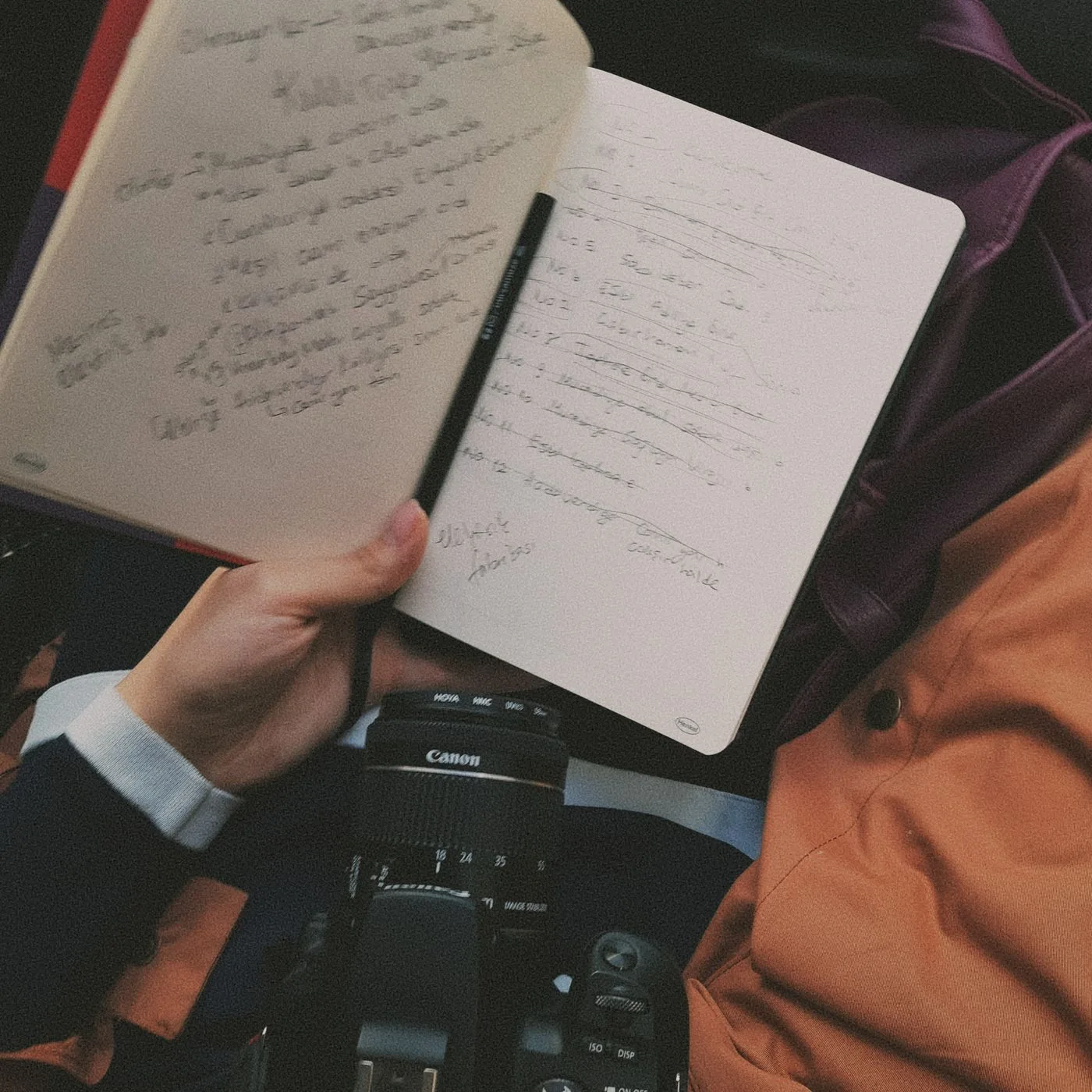 A notebook and camera ready for content work
