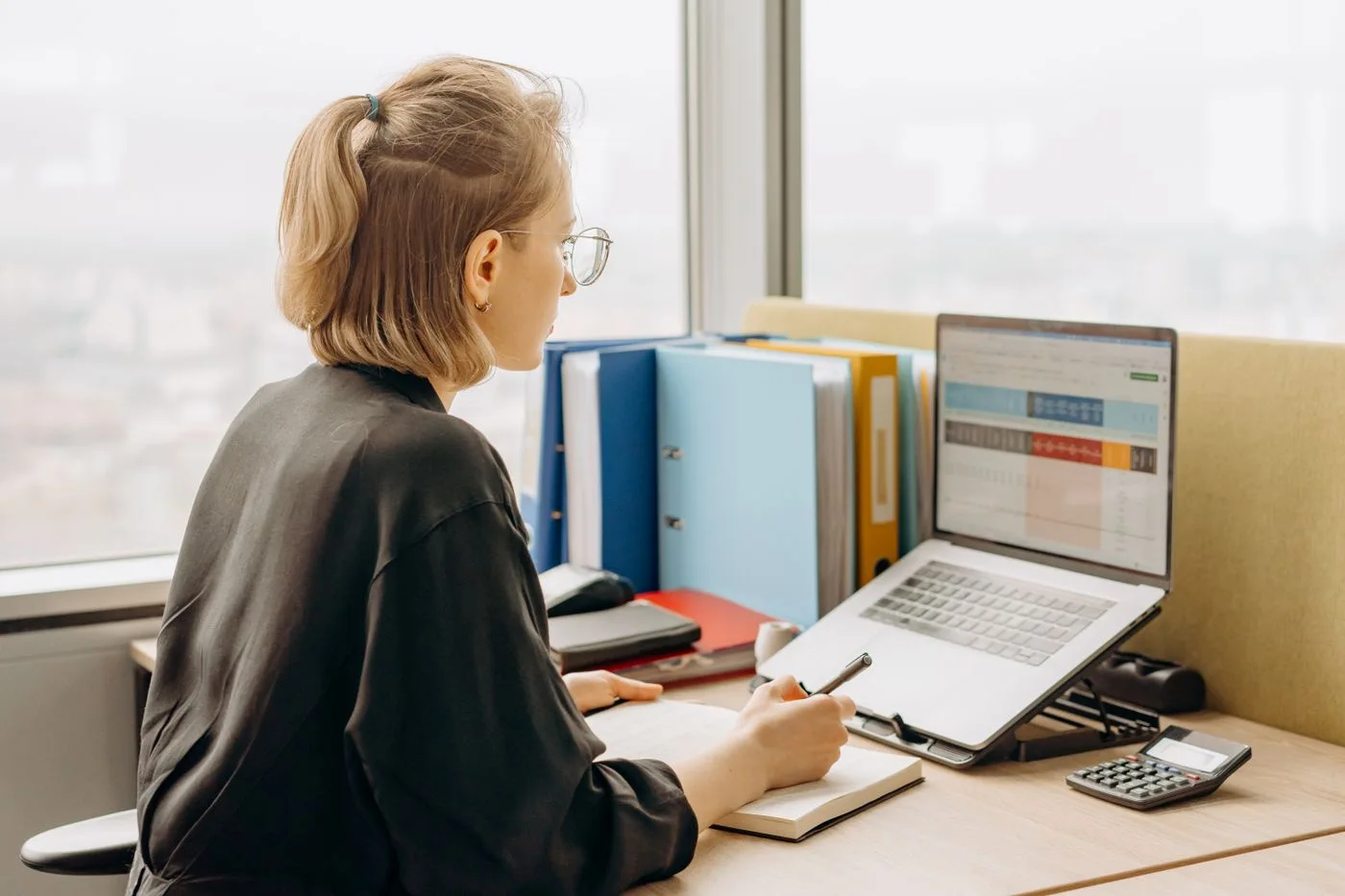 Working with a spreadsheet on a laptop