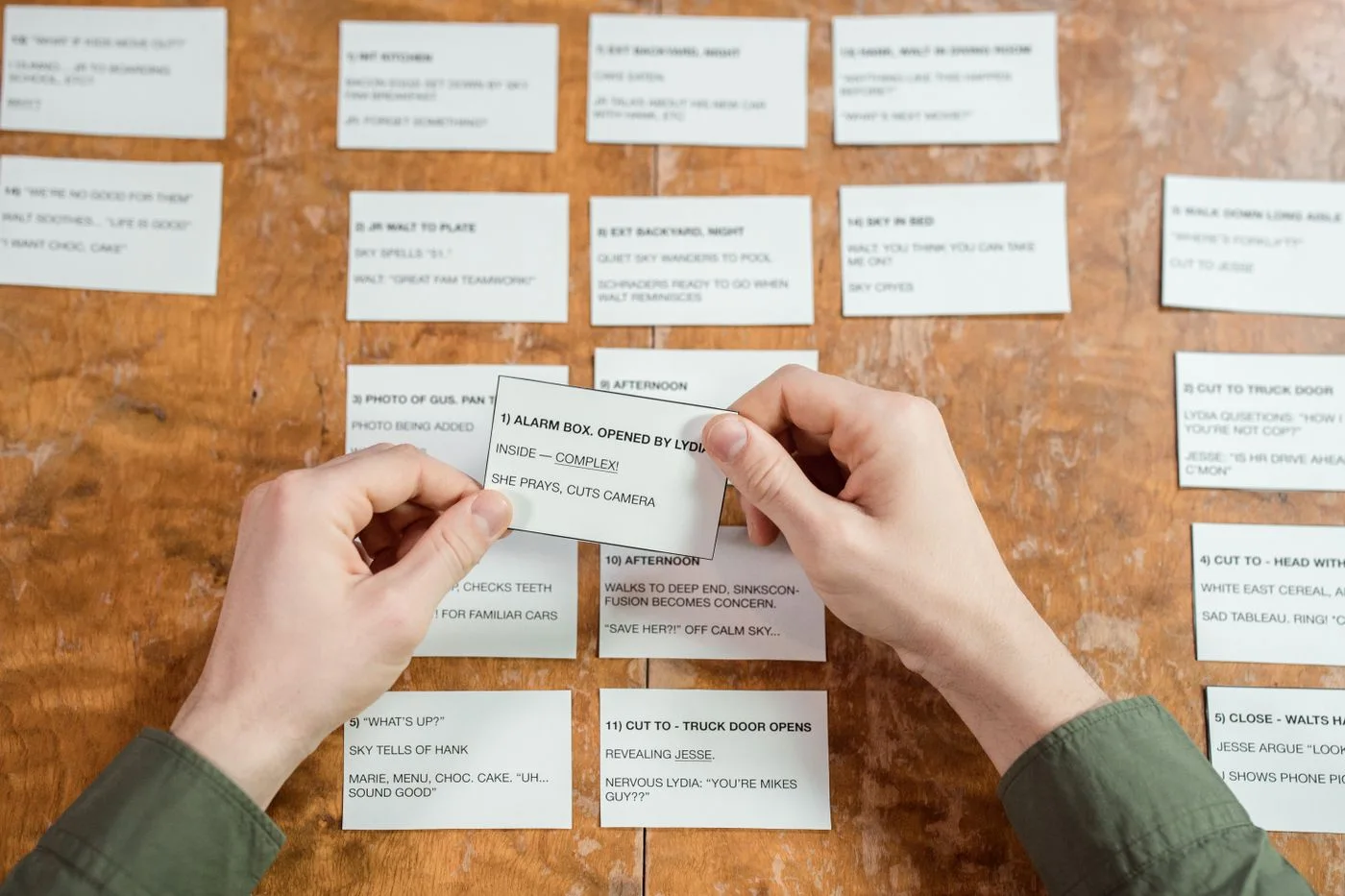 Index cards being organised on a desk