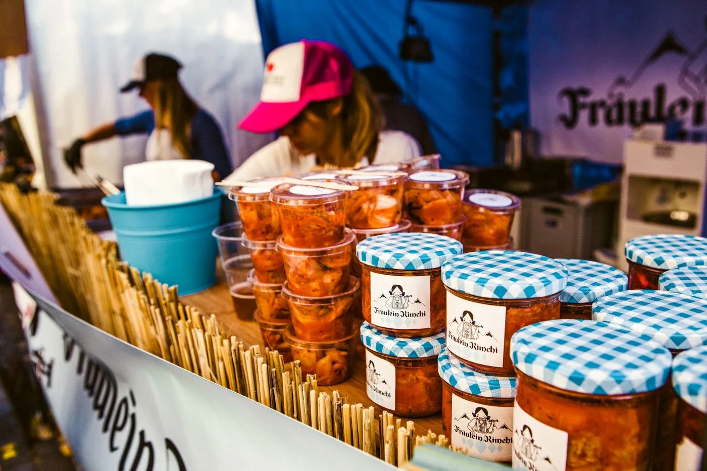 Food products displayed at a Berlin market stall