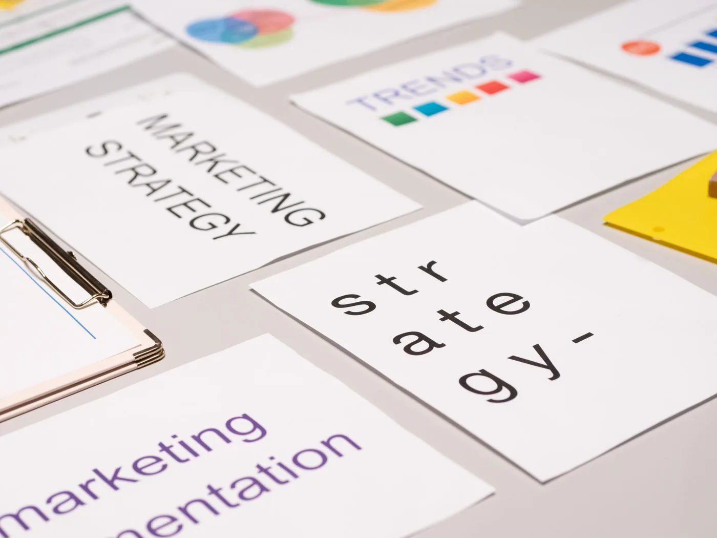 Marketing planning documents on a desk