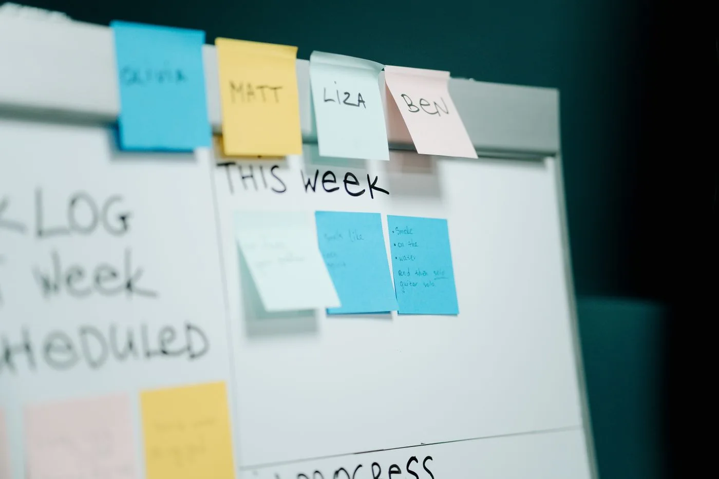 Planning notes arranged on a whiteboard