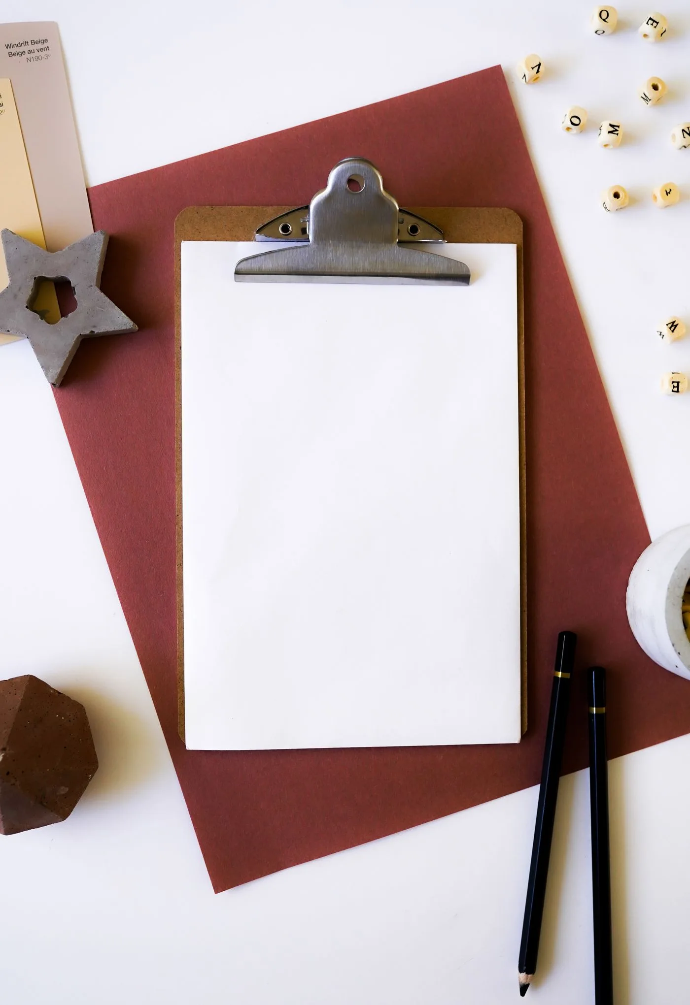 A clipboard and desk accessories